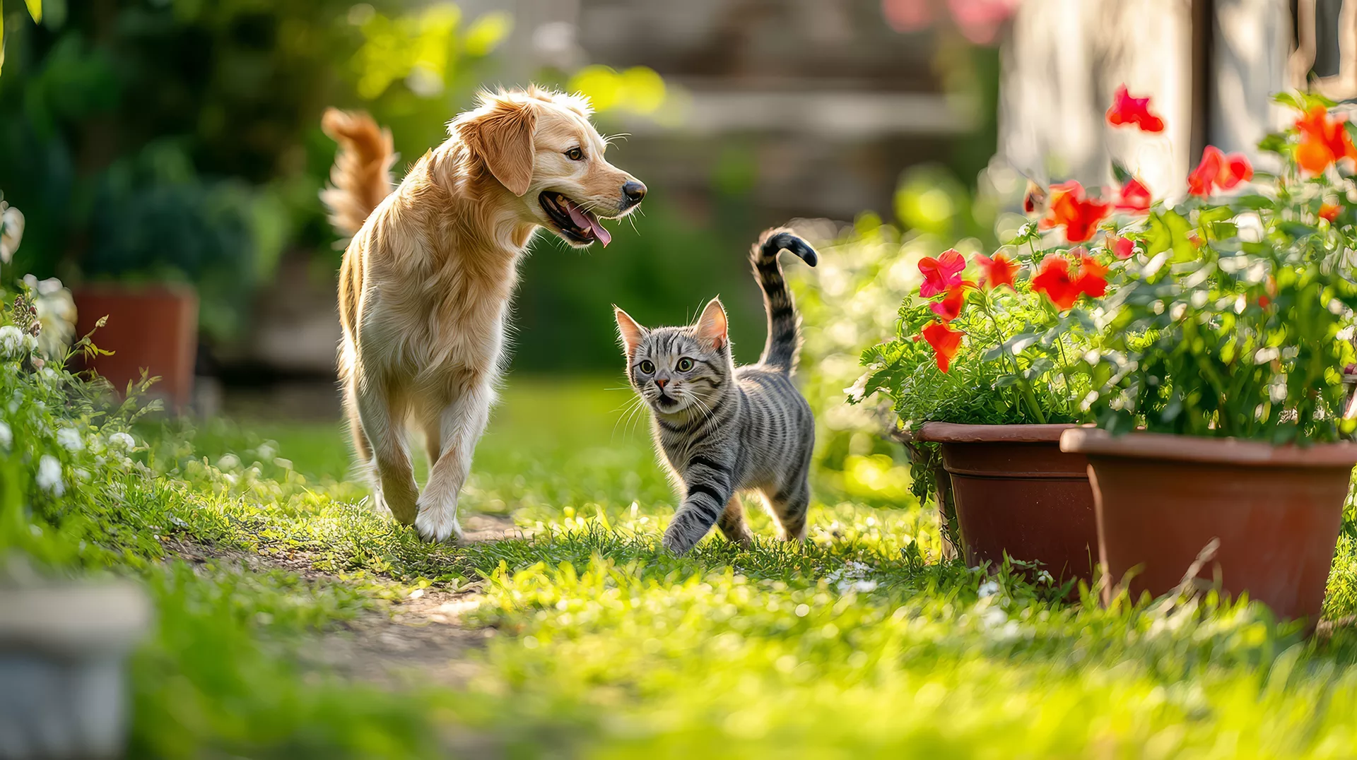 perro y gato juntos en el jardín caminando